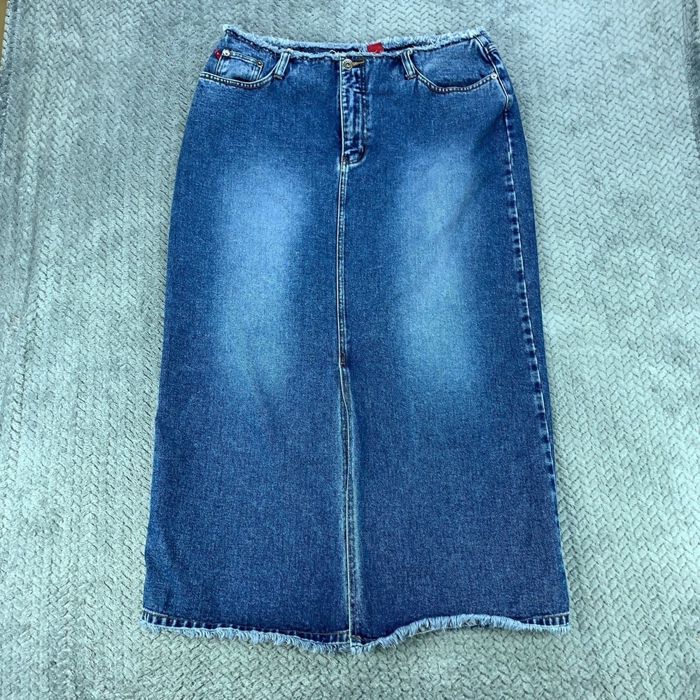 Zana Di Denim Maxi Skirt Women's Size 16 Western Boho Rodeo Long Front Slit Zip